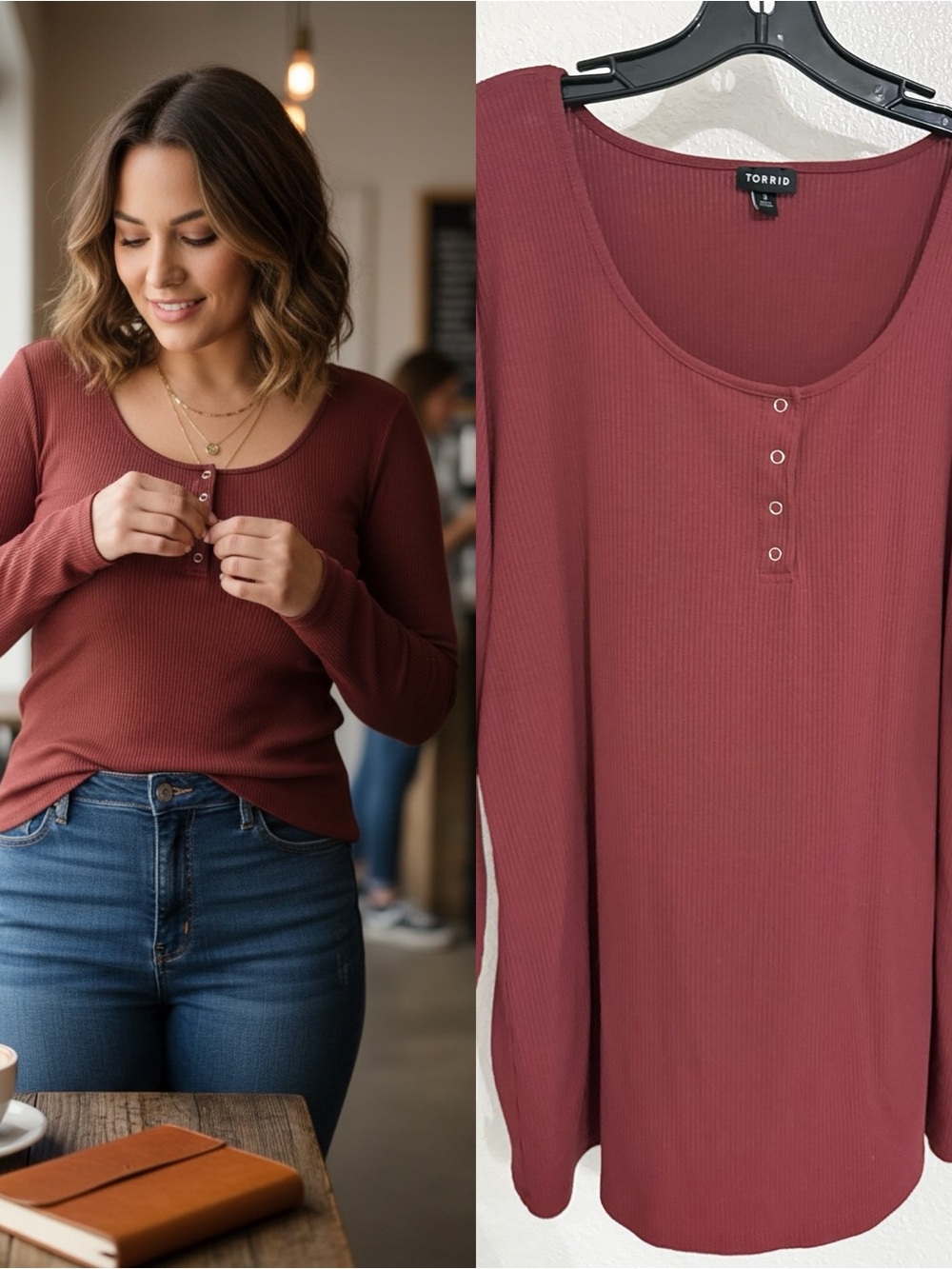Torrid Ribbed Henley Long Sleeve Top Burgundy Size 3 Plus Relaxed Fit
